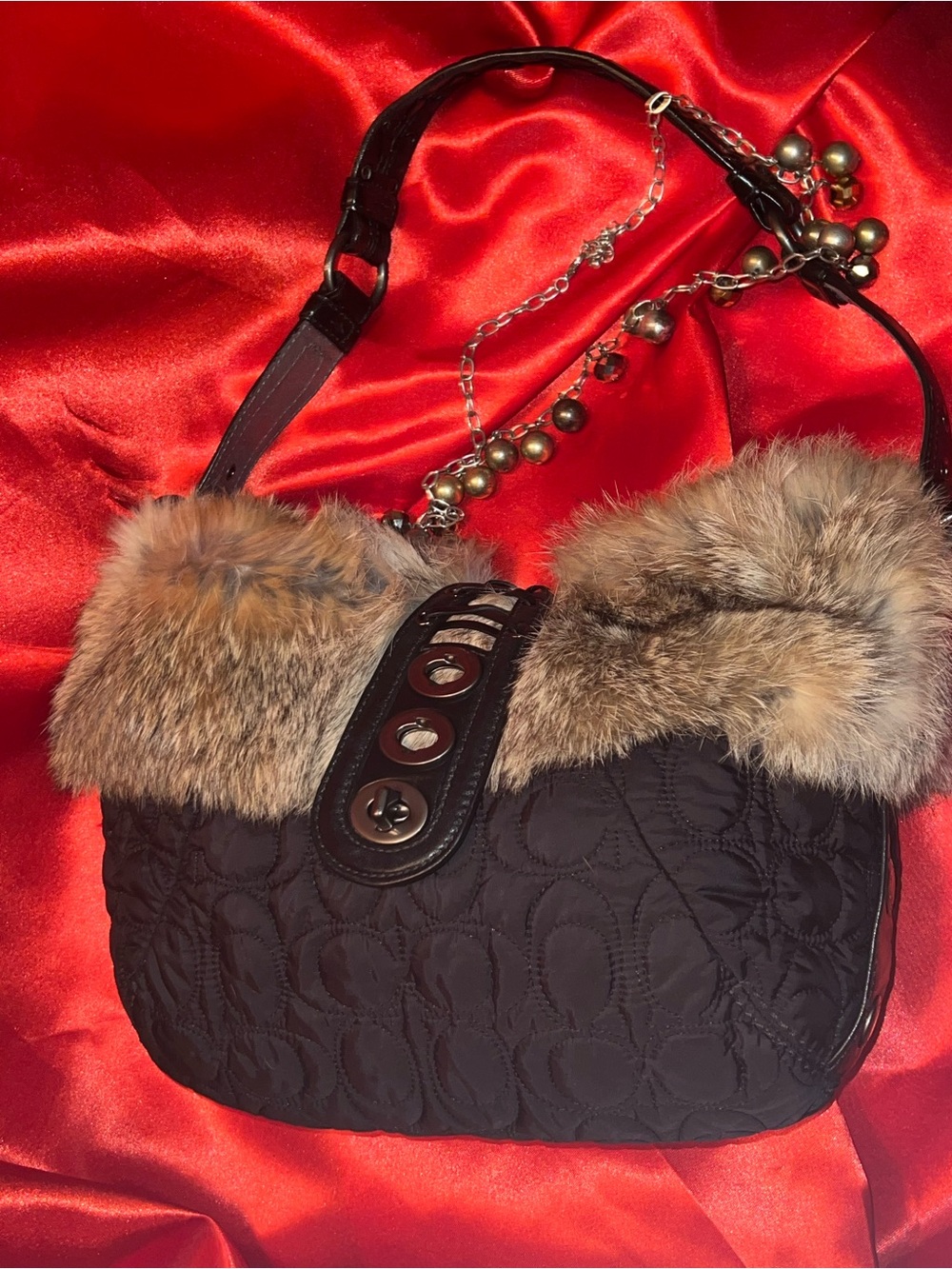 Coach Black Quilted Hobo with Natural  Fur Trim
